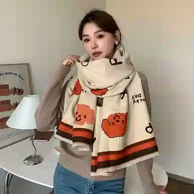 啄木鸟 软萌可爱拼色卡通泰迪双面印花加宽加大秋冬季防寒保暖清新甜美百搭学生 绒线围巾 女款