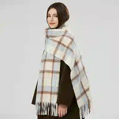 啄木鸟 日落甜心 绵羊毛清新小香风轻奢高级感显肤白奶盐蓝加厚保暖圈圈纱拼色格子百搭 绒线围巾 女款