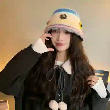 啄木鸟 花朵毛绒秋冬季保暖护耳甜美可爱编织手工针织毛线帽子女大头围显脸小清新百搭撞色渔夫帽 含羊毛 绒线帽 女款