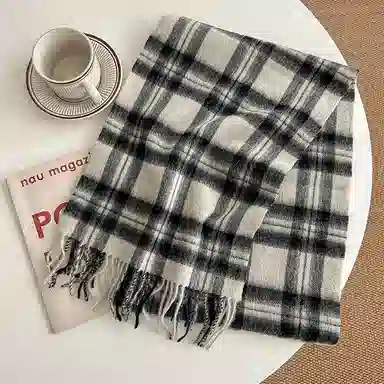 啄木鸟 韩系氛围感简约黑白条纹 秋冬季防寒保暖骑行双面英伦风格子 绵羊毛 绒线围巾 男女同款情侣款