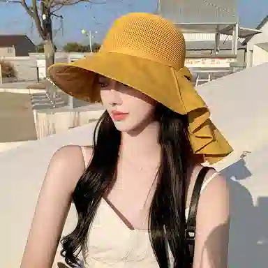 啄木鸟 优雅法式长披肩大帽檐遮阳帽子女夏季镂空透气全方位护脖颈美背沙滩太阳帽 聚酯纤维 防晒帽 女款