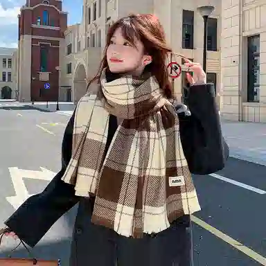 啄木鸟 高级感条纹格子保暖加厚秋冬季柔软清新文艺显白防寒护颈百搭两用 绒线围巾 男女同款情侣款