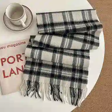 啄木鸟 韩系氛围感简约黑白条纹 秋冬季防寒保暖骑行双面英伦风格子 绵羊毛 绒线围巾 男女同款情侣款