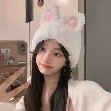 【小兔子模拟器】 啄木鸟 甜美可爱小白兔卡通氛围感保暖帽冬季加绒加色奶白色软萌萌大头围显脸小包头护耳毛绒绒 聚酯纤维 绒线帽 女款