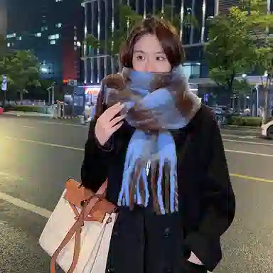 啄木鸟 高级感仿马海毛条纹撞色加绒加厚学生百搭秋冬季保暖格子长款流苏 绒线围巾 男女同款情侣款