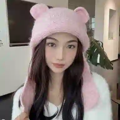 啄木鸟 甜美可爱小熊耳朵秋冬季大头围显脸小加厚保暖针织户骑车护耳帽 涤纶 绒线帽 女款