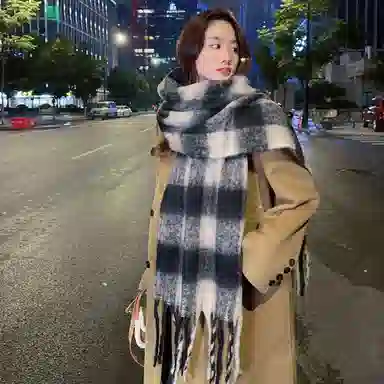 啄木鸟 高级感仿马海毛条纹撞色加绒加厚学生百搭秋冬季保暖格子长款流苏 绒线围巾 男女同款情侣款