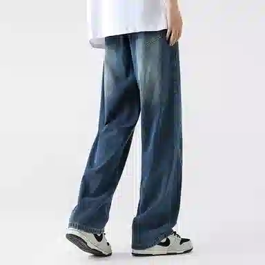 美式高街废土风纯色基础款复古做旧水洗弹力显高百搭宽松休闲直筒垂感舒适牛仔裤 男女同款