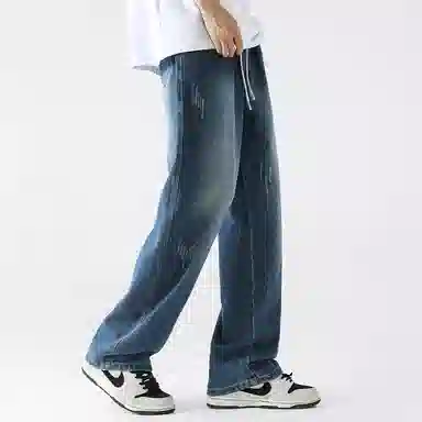 美式高街废土风纯色基础款复古做旧水洗弹力显高百搭宽松休闲直筒垂感舒适牛仔裤 男女同款