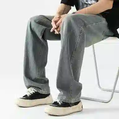 美式高街废土风纯色基础款复古做旧水洗弹力显高百搭宽松休闲直筒垂感舒适牛仔裤 男女同款