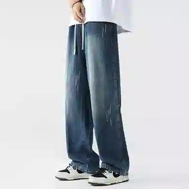 美式高街废土风纯色基础款复古做旧水洗弹力显高百搭宽松休闲直筒垂感舒适牛仔裤 男女同款