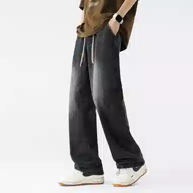 美式高街废土风纯色基础款复古做旧水洗弹力显高百搭宽松休闲直筒垂感舒适牛仔裤 男女同款