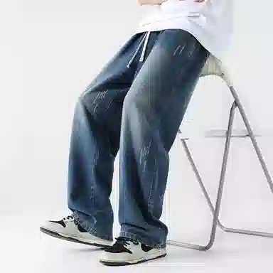 美式高街废土风纯色基础款复古做旧水洗弹力显高百搭宽松休闲直筒垂感舒适牛仔裤 男女同款