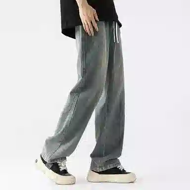 美式高街废土风纯色基础款复古做旧水洗弹力显高百搭宽松休闲直筒垂感舒适牛仔裤 男女同款