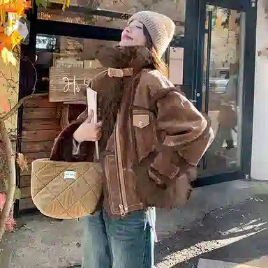 桴生 兔皮毛一体羊羔毛翻领时尚休闲保暖名媛风皮草 女款