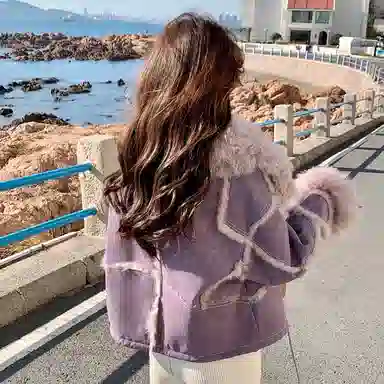 桴生 兔皮毛一体羊羔毛翻领时尚休闲保暖名媛风皮草 女款