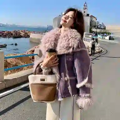 桴生 兔皮毛一体羊羔毛翻领时尚休闲保暖名媛风皮草 女款