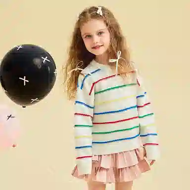 青蛙王子 圆领舒适条纹简约长袖毛衣 花米白 儿童款