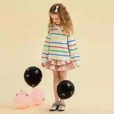 青蛙王子 圆领舒适条纹简约长袖毛衣 花米白 儿童款