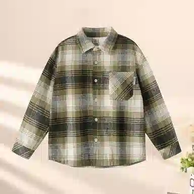 青蛙王子 翻领时尚简约开衫长袖衬衫 格子绿 青少年