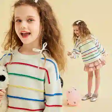 青蛙王子 圆领舒适条纹简约长袖毛衣 花米白 儿童款