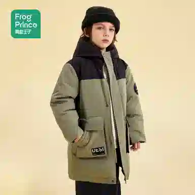 青蛙王子 时尚洋气连帽落肩拼色长袖羽绒服 青少年