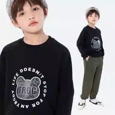 青蛙王子 插肩时尚圆领套头卫衣 黑色 儿童款