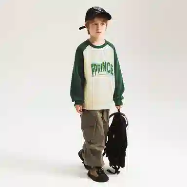 青蛙王子 圆领拼色简约插肩长袖卫衣 墨绿 儿童款