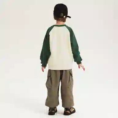 青蛙王子 圆领拼色简约插肩长袖卫衣 墨绿 儿童款