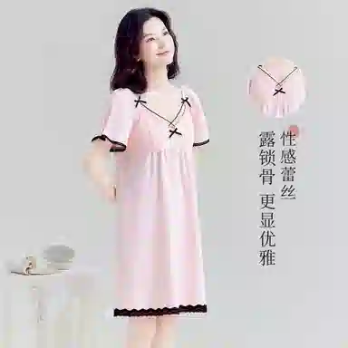 欧迪芬 蕾丝纯棉舒适亲肤可爱蝴蝶结短袖睡裙 女款