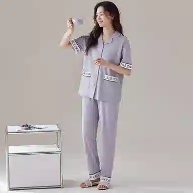 欧迪芬 轻弹亲肤透气薄款短袖长裤家居服可外穿睡衣套装 女款 紫色