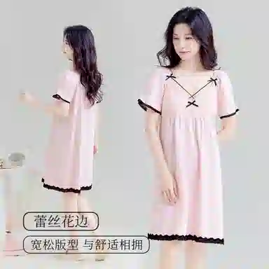 欧迪芬 蕾丝纯棉舒适亲肤可爱蝴蝶结短袖睡裙 女款