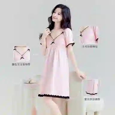 欧迪芬 蕾丝纯棉舒适亲肤可爱蝴蝶结短袖睡裙 女款