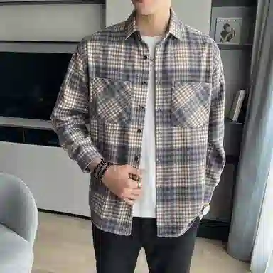 啄木鸟 复古千鸟格长袖上衣休闲系带直筒长裤衬衫套装 男款