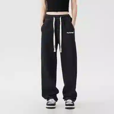 啄木鸟 复古水洗做旧抽绳宽松显瘦阔腿直筒松紧休闲牛仔裤 男女同款