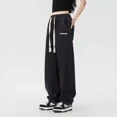 啄木鸟 复古水洗做旧抽绳宽松显瘦阔腿直筒松紧休闲牛仔裤 男女同款