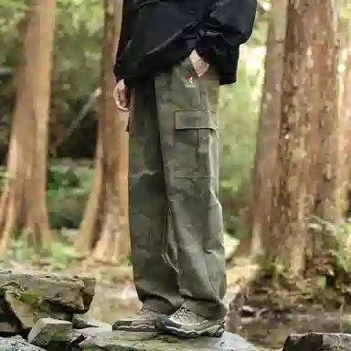 啄木鸟 美式复古迷彩户外工装大口袋长裤垂感宽松直筒休闲裤 男女同款