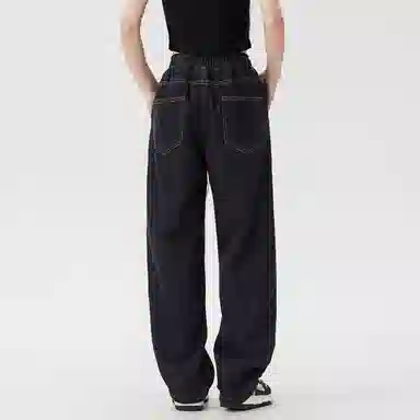 啄木鸟 复古水洗做旧抽绳宽松显瘦阔腿直筒松紧休闲牛仔裤 男女同款