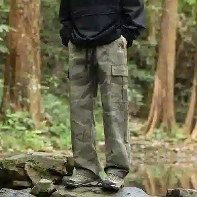 啄木鸟 美式复古迷彩户外工装大口袋长裤垂感宽松直筒休闲裤 男女同款