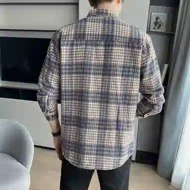 啄木鸟 复古千鸟格长袖上衣休闲系带直筒长裤衬衫套装 男款