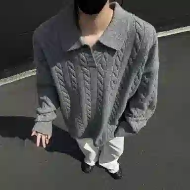 悍戈 美式韩系复古慵懒风纯色麻花翻领宽松百搭面料舒适可内搭外穿适合通勤休闲等多种场景针织衫 男女同款