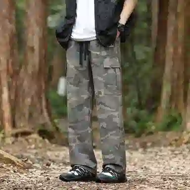 啄木鸟 美式复古迷彩户外工装大口袋长裤垂感宽松直筒休闲裤 男女同款