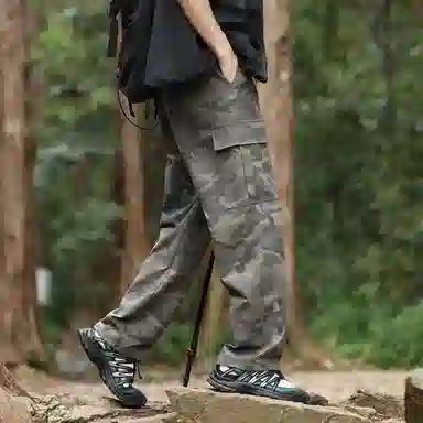 啄木鸟 美式复古迷彩户外工装大口袋长裤垂感宽松直筒休闲裤 男女同款