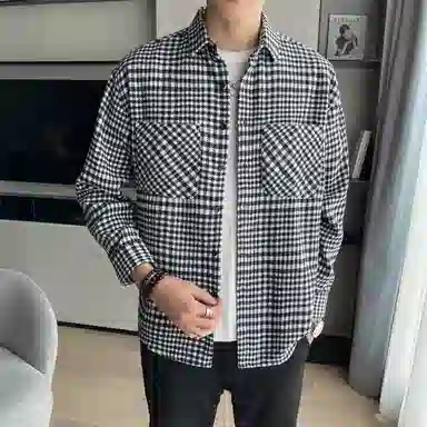 啄木鸟 复古千鸟格长袖上衣休闲系带直筒长裤衬衫套装 男款