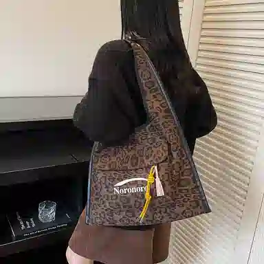 捷朗仕 秋冬季流行豹纹通勤百搭休闲托特包 麂皮 单肩包 女款 棕色/酒红色/绿色/黄棕色