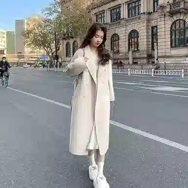 桴生 韩版宽松加厚中长款系带过膝显瘦直筒毛呢西服外套女大衣 女款