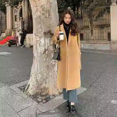 桴生 韩版宽松加厚中长款系带过膝显瘦直筒毛呢西服外套女大衣 女款