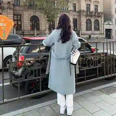 桴生 韩版宽松加厚中长款系带过膝显瘦直筒毛呢西服外套女大衣 女款