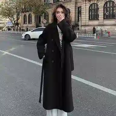 桴生 韩版宽松加厚中长款系带过膝显瘦直筒毛呢西服外套女大衣 女款