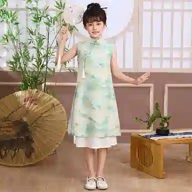 米囹汉服女童旗袍连衣裙夏季 女中大童新中式裙子夏款国风套装